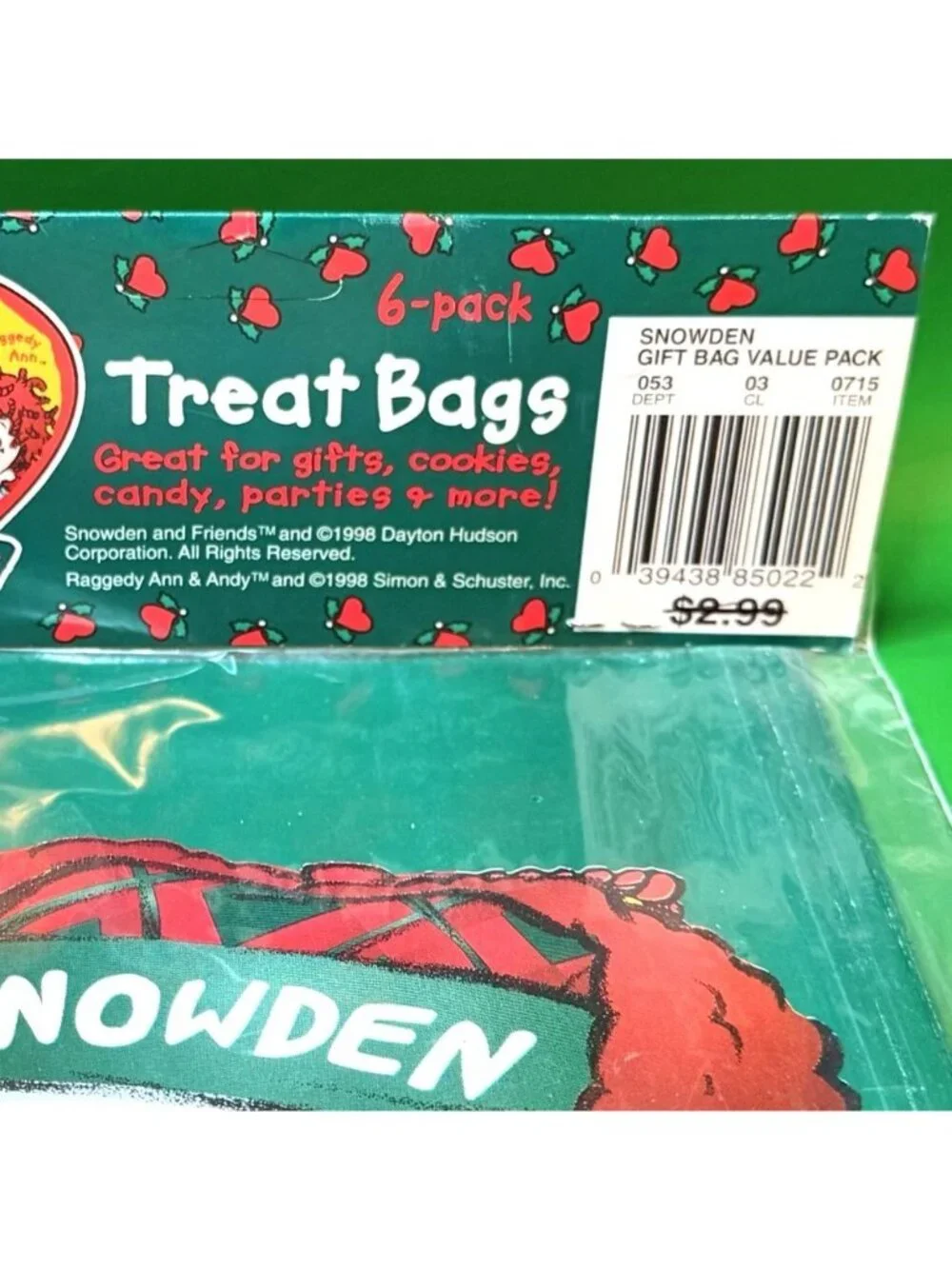 Snowden & Friends Vintage 1998 Snowman Christmas Treat Bags 6 Pack Stickers NOS